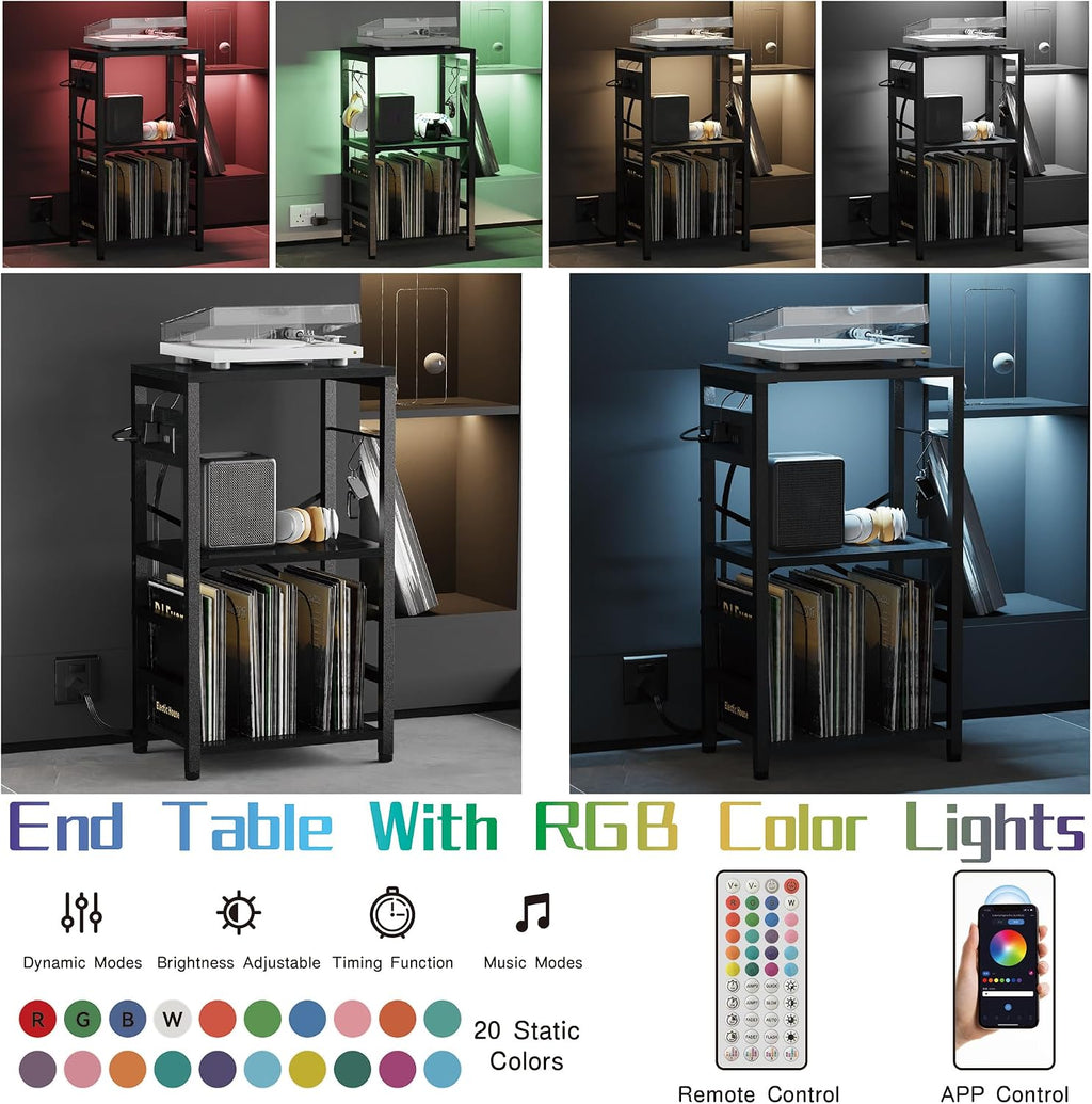 End Table with LED Light, Record Player Stand with Charging Station