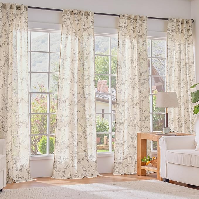 Lazzzy Grey Floral Linen Curtains 96 Inch Farmhouse Back Tab Drapes - Image 6