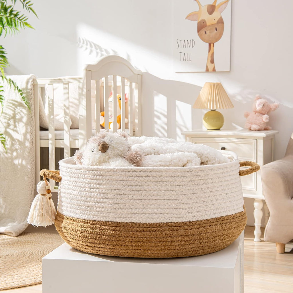 KAKAMAY Woven Baskets for Storage(16"x8"),Blanket Basket for Organizing Living Room,Cotton Rope Basket Woven Baby Laundry Hamper,Collapsible Laundry Room Organization,Clothes,Toy Chest(Brown)