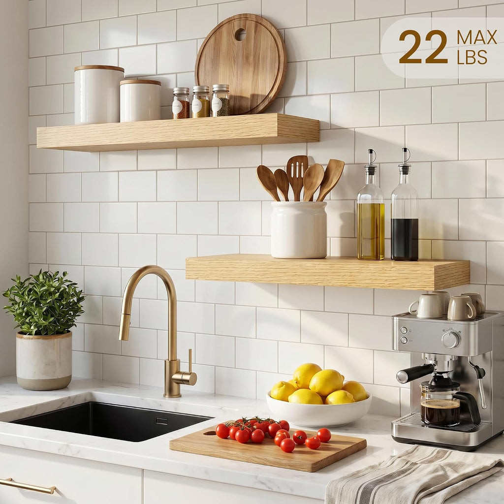 Dreamland 18" Floating Shelves, Rustic Wooden Wall Shelves for Bathroom|Bedroom|Kitchen, Deep Wall Mounted Book Shelf, Wood Storage Display Shelf for Home Decor, Set of 2, Oak