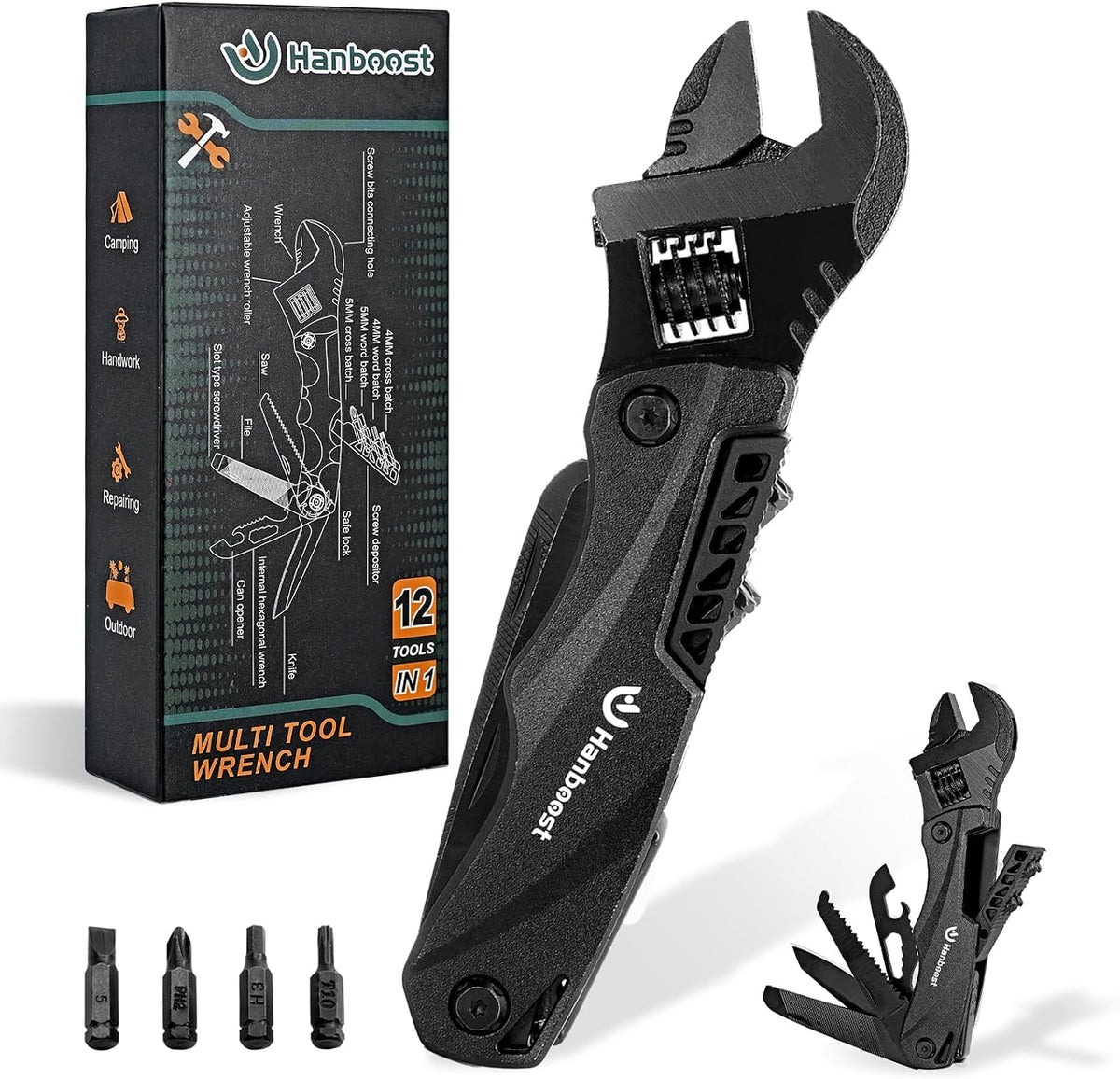Hanboost Multitool Wrench Wide Jaw Opening Cmaping Gear, Gift for Him and Her, 12 in 1 Multi Purpose Pocket Size EDC Gadget With Screwdriver Cutting Saw Bottle Opener for Maintenance, Camping and DIY