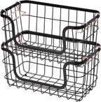 Amazon Basics Stackable Metal Wire Rectangular Storage Baskets for Kitchen, Bathroom or Pantry Organizing, 2 Count, Black