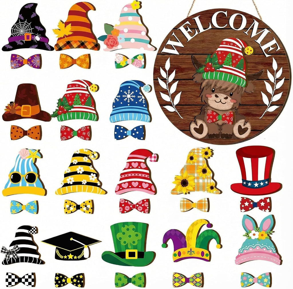 Glikceil 33 Pcs Holiday Interchangeable Highland Cow Wood Welcome Sign