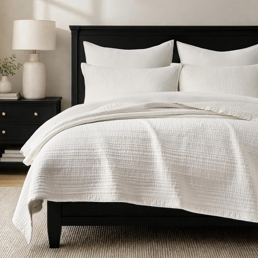EverGrace Stonewashed Textured Cotton Quilt Set, King Size, Ivory White