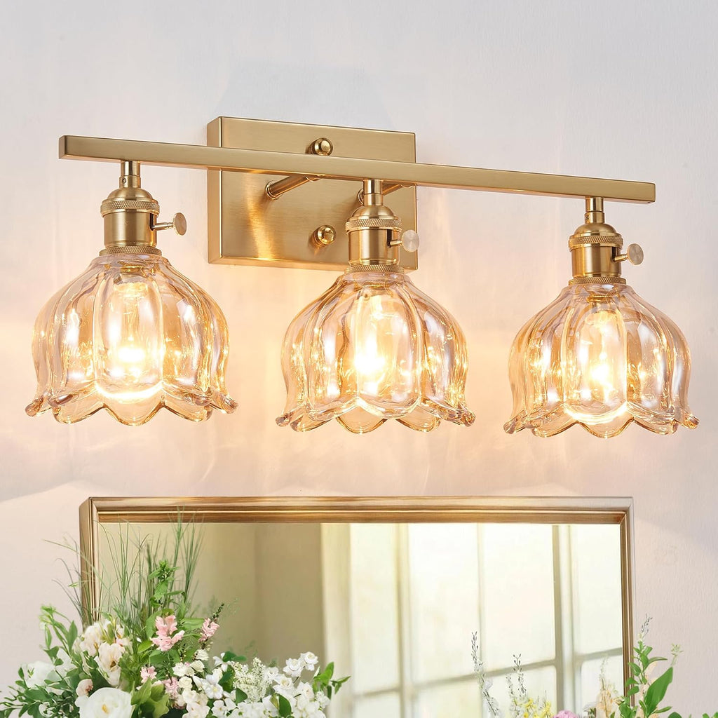 3-Light Vanity Light, Brushed Gold, 19.4", Amber Tulip Glass