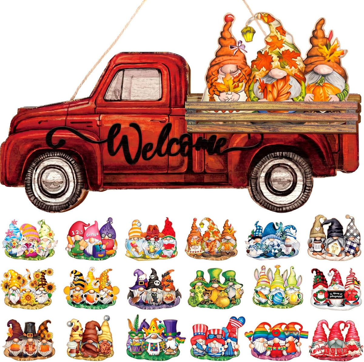Interchangeable Gnome Welcome Sign, Truck Door Hanger,Red