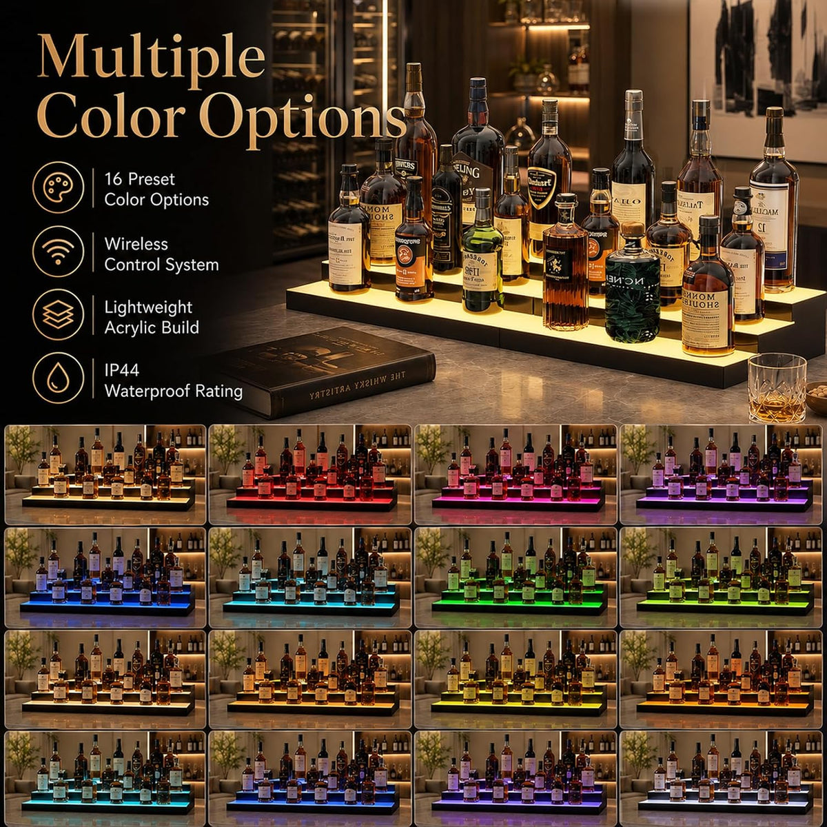 LED Illuminated Bar Bottle Display Rack, 3-Tier 32" Multi-Color Whiskey Rack, Tabletop Wine Rack Equipped with RF Remote Control and App Control Ideal Choice for Home Bar, Whiskey Lovers Gift