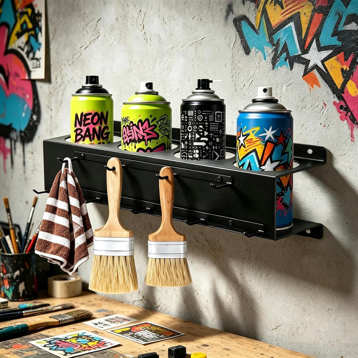 2 Pack Wall-Mounted Aerosol Spray Can Holder with Brush Hanger