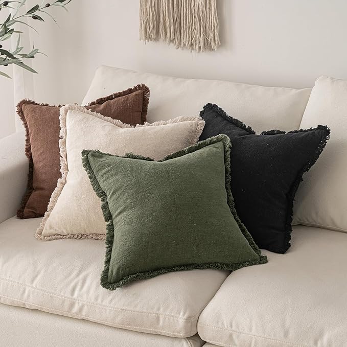 MIULEE Decorative Throw Pillow Covers Neutral Linen Fringe Throw Pillows Euro - Image 5