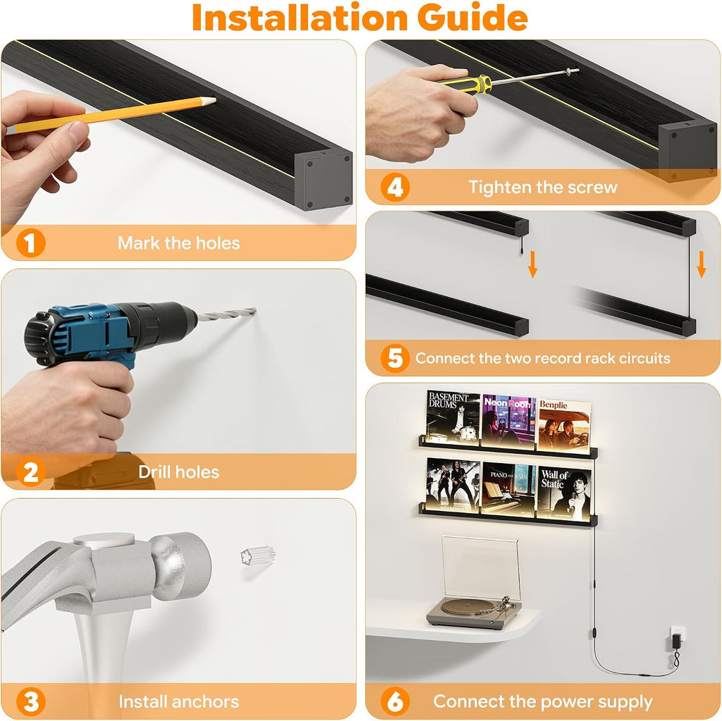 Vinyl Record Shelf Wall Mount with LED Lights