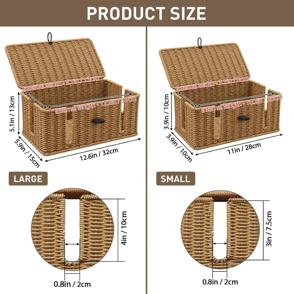 2 Pack Rattan Cable Management Box, Large Cord Organizer Box with Lid Under Desk Router Hider Storage Box with 4 Exits, Wire Box Hider for TV Wires Computer Surge Protector USB Hub Power Strip
