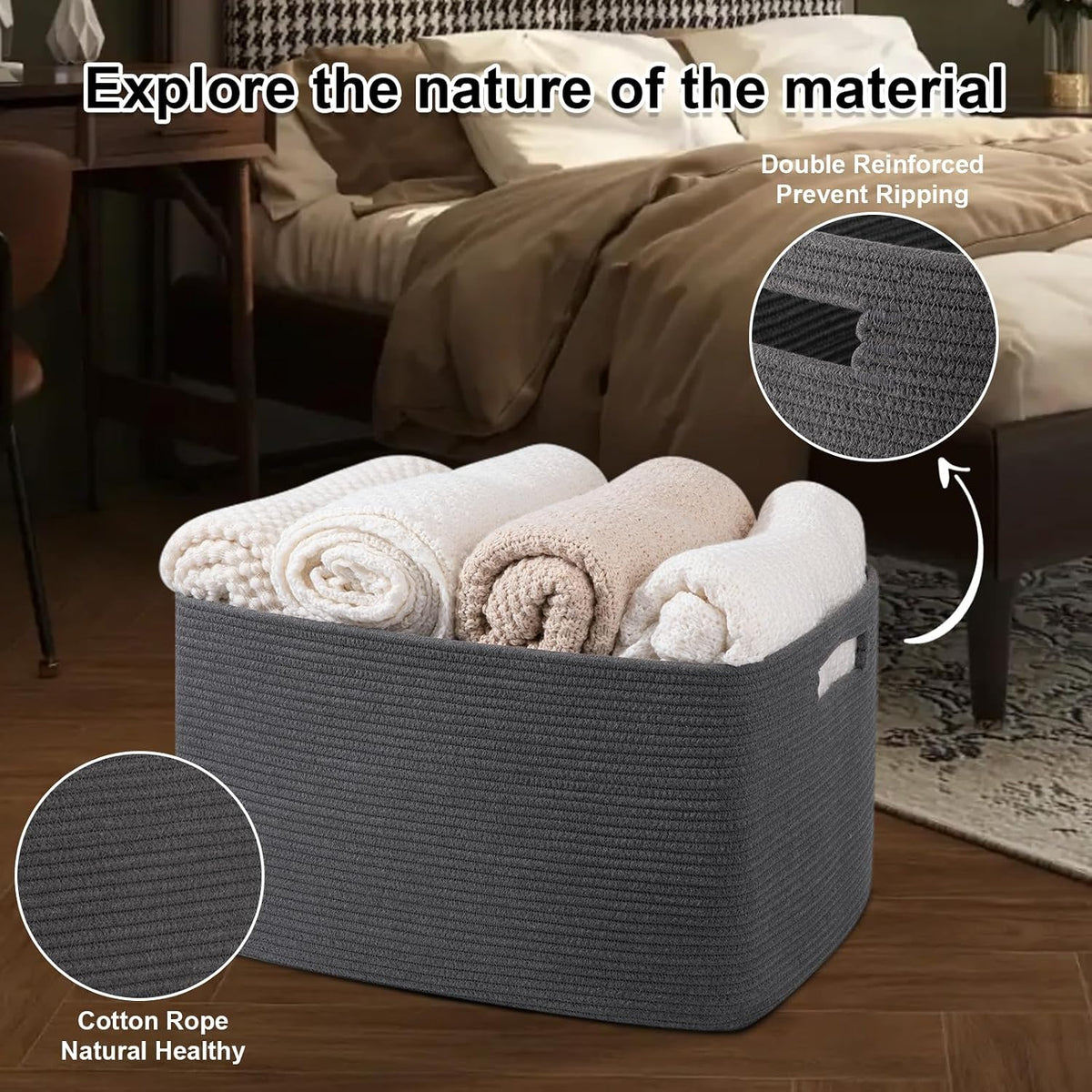 OIAHOMY 75L Large Blanket Basket Woven Rope Storage Basket Dark Grey