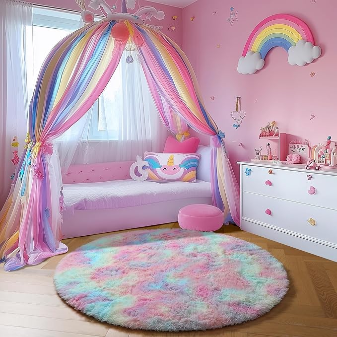 Amdrebio Rainbow Fluffy Round Rug 6Ft Kids Rugs - Image 9