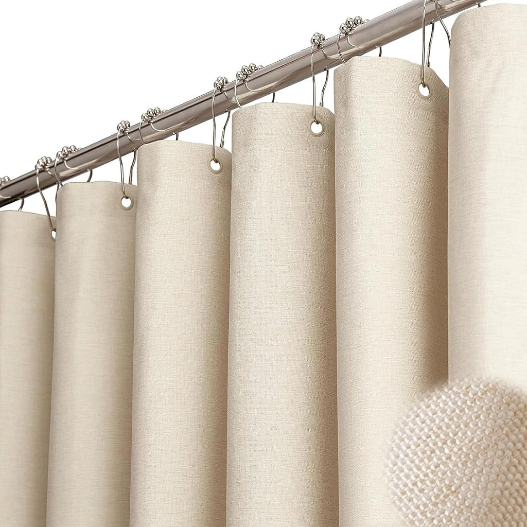 Beige Linen Textured Waterproof Cloth Shower Curtain Set, 72x72, Cream