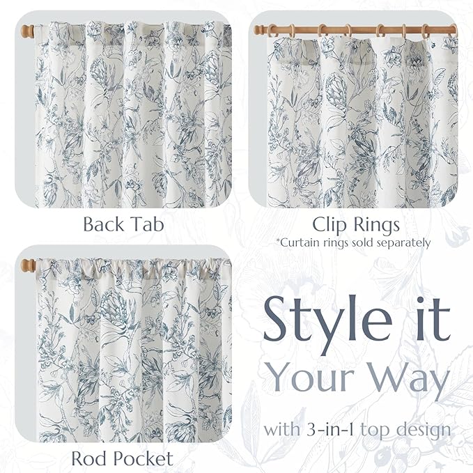 jinchan Floral Curtains 96 Inches Long Blue Flower Linen Farmhouse Curtain - Image 5