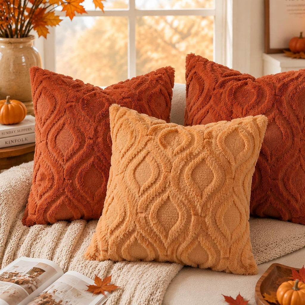 decorUhome Faux Fur Plush Soft Rust Throw Pillow Covers 12x20 Set of 2