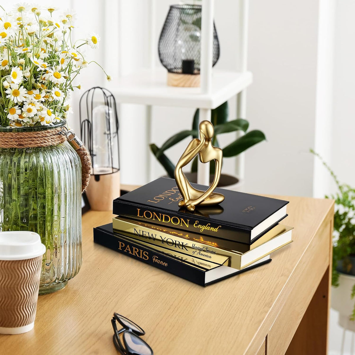 Feifeiya 6 Pcs Gold and Black Color Decorative Book & Thinker Statue Set