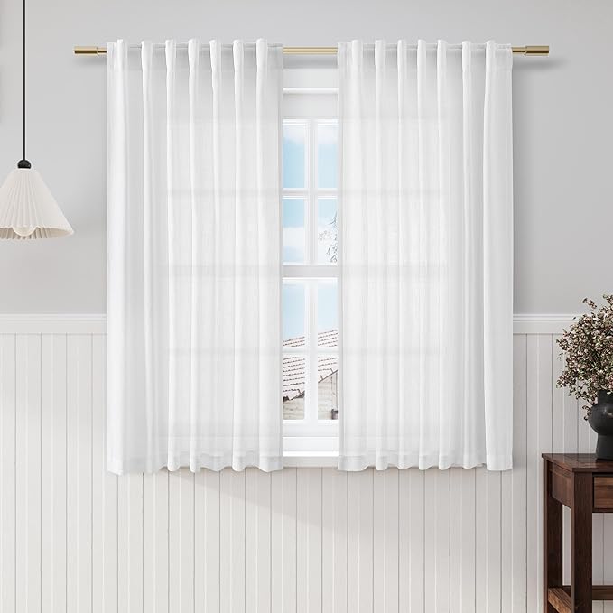 Off White Linen Sheer Curtains 54 Inch Length 2 Panel Set Back Tab Pocket Semi by Nanspring