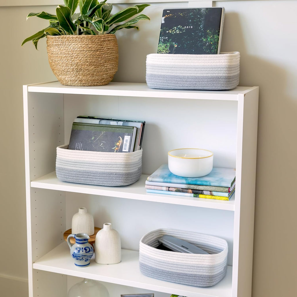 11.8"x8"x4.5” Rectangle Storage Baskets for Shelves 3 Pack | Cotton Rope Woven Small Baskets for Organizing | Small Storage Bins for Nursery, Bathroom, Closet, Shelf, Decorative, Gift