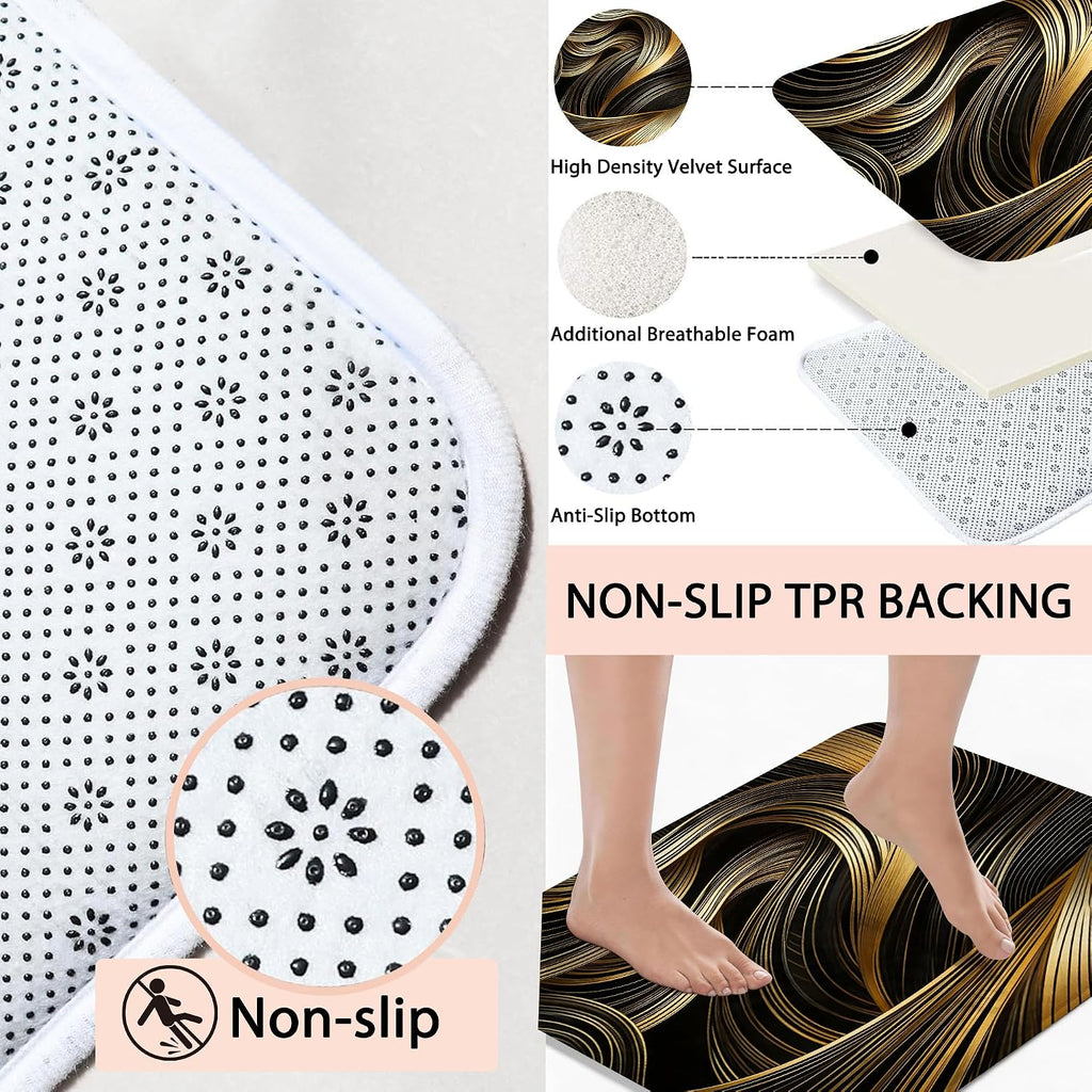 4pcs Shower Curtain Set Black Golden Strip Bathroom Decor with Rug