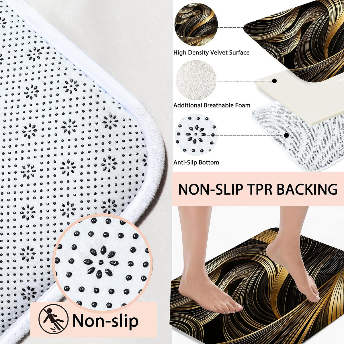 4pcs Shower Curtain Set Black Golden Strip Bathroom Decor with Rug