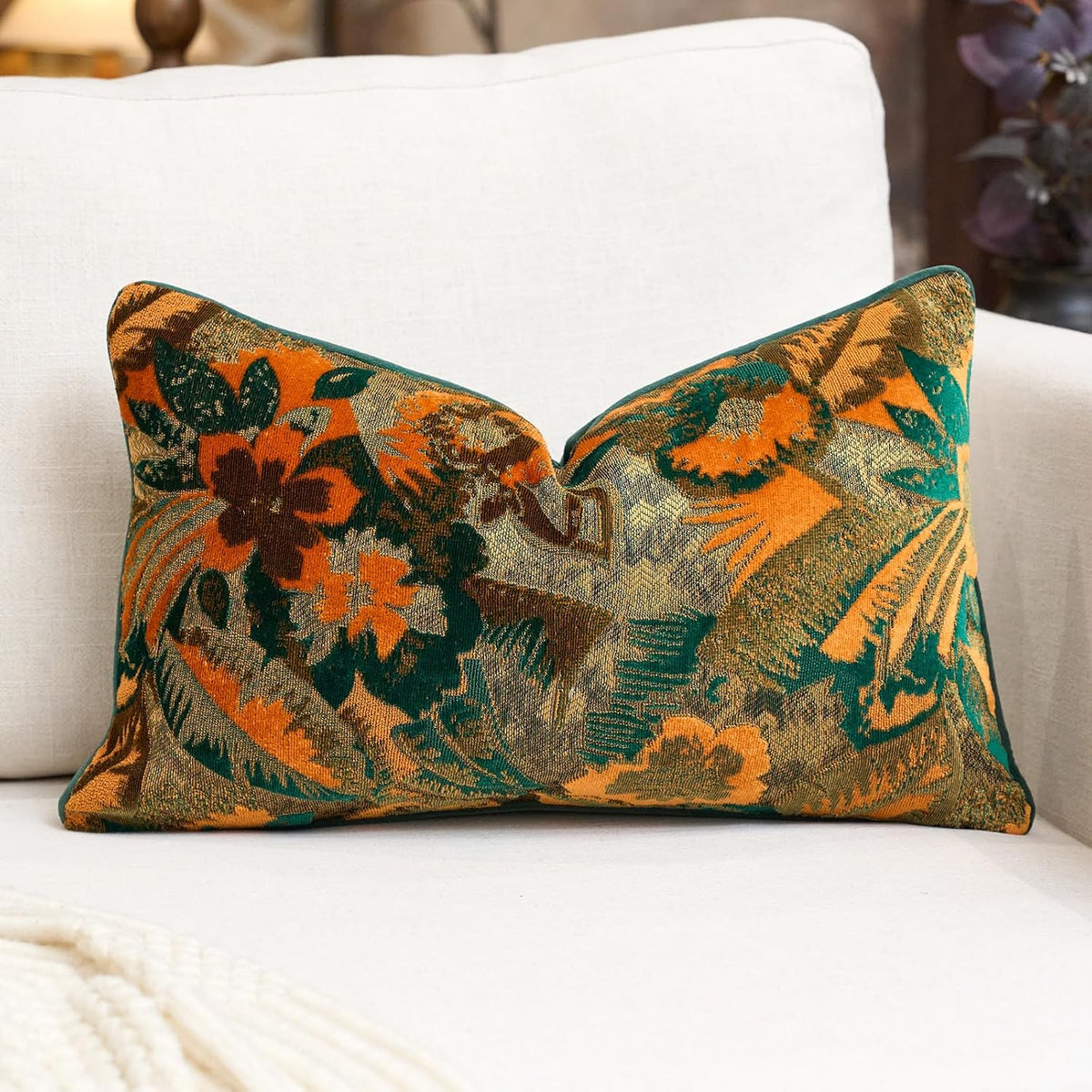 Alerfa Orange Neutral Floral Pillow Cover 18 x 18 Inch, Vintage Cut Velvet Square Couch Throw Pillow Cover Soft Decorative Farmhouse Accent Pillowcase for Living Room Bedroom