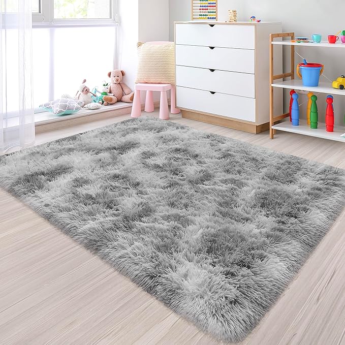 Small Area Rug for Bedroom 3x5ft Mini Tie Dye Grey Fluffy Rug Mat Bedside Throw by JiaoBaba