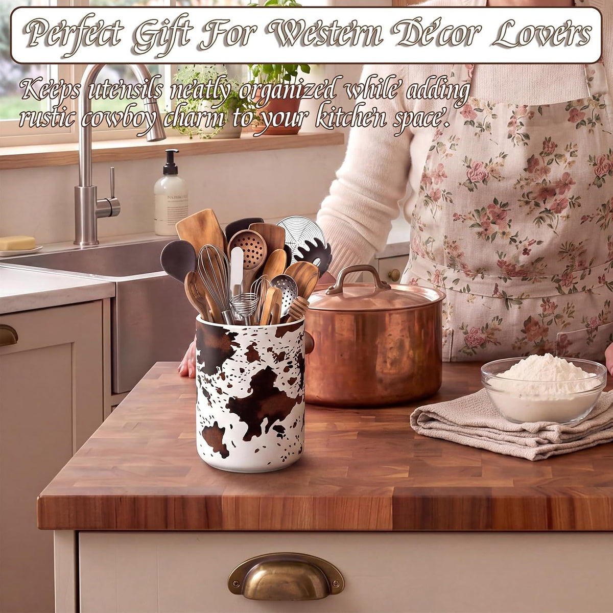 Potchen Western Cowhide Ceramic Utensil Holder 6.3 Inch Cowboy Rustic Kitchen Utensil Crock Vintage Countertop Storage Organizer Container for Spatulas Spoons Home Cooking Decoration