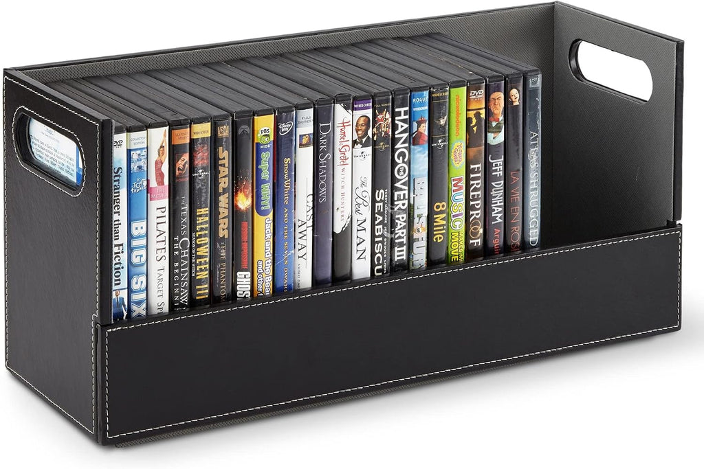 Stock Your Home DVD Storage Box, Movie Shelf Organizer for Blu-Ray, Video Game Cases, CDs, VHS Tape Display Stand, Disc Holder Can Store Up to 28 DVDs, Faux Leather (Espresso)