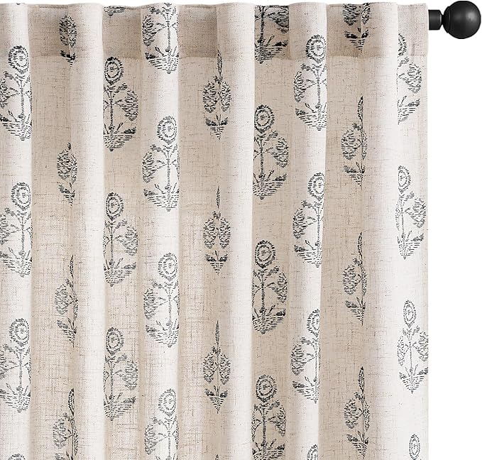 jinchan Linen Floral Curtains for Living Room 63 Inch Length Black Flower by JINCHAN