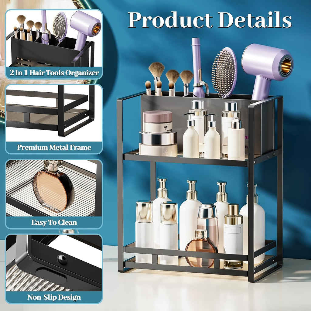 Bathroom Counter Organizer, Metal Vanity Shelf with Hair Dryer Holder