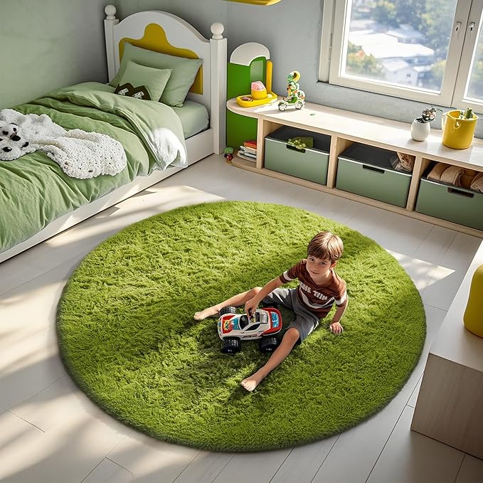 Ophanie Round Rug 6Ft Green Circle Area Rug, Fluffy Fuzzy Bedroom Carpet - Image 3