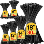 Black Zip Ties Assorted Sizes 4+6+8+12+14+18 inch, 500 Pack Cable Ties, UV-Resistant Zipties, Multi-Purpose for Home, Office, Garage & Cable Management, SiKuLin