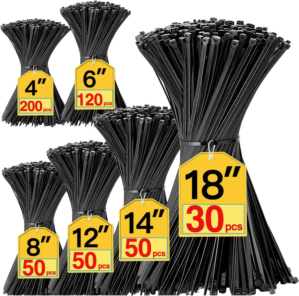 Black Zip Ties Assorted Sizes 4+6+8+12+14+18 inch, 500 Pack Cable Ties, UV-Resistant Zipties, Multi-Purpose for Home, Office, Garage & Cable Management, SiKuLin
