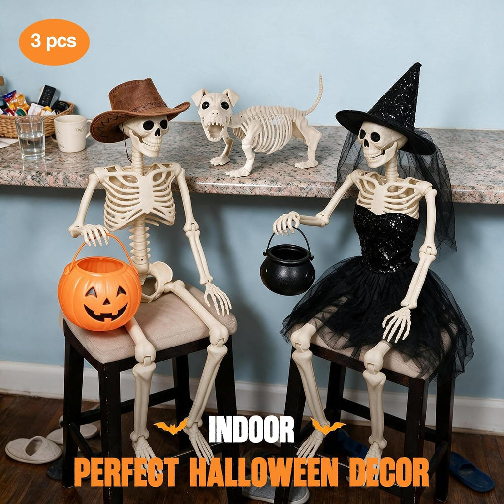 3PC 35.4" Halloween Skeleton with Dog, Posable Skeleton with Full Body Movable Joints for Halloween Decor, Well Made Hanging Plastic Skeleton for Indoor Outdoor Yard, Patio,Front Porch