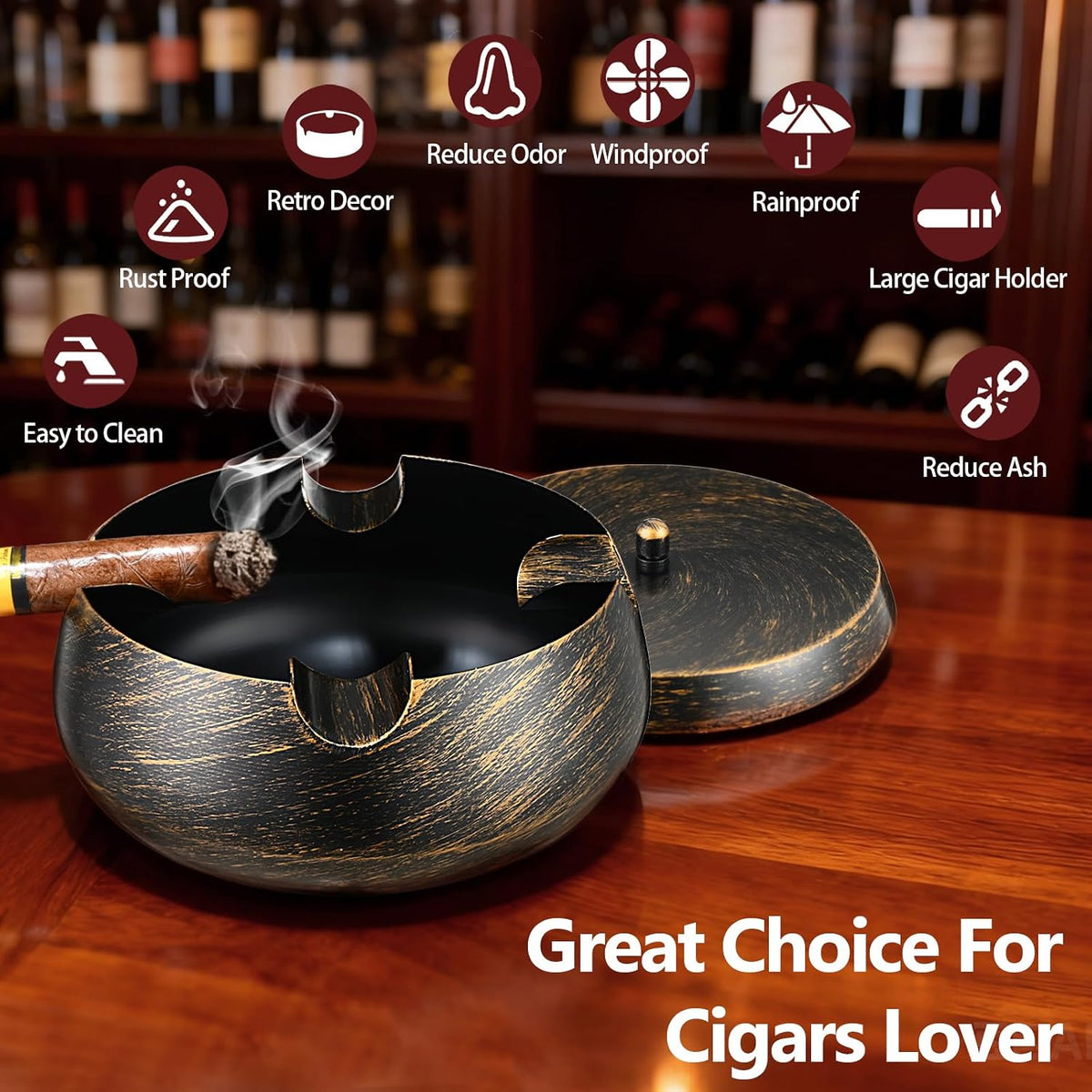 Extra Large Cigar Ashtrays with Lid for Outdoors Indoors Outside Patio Living Room Home Retro Decor,1.3'' Wide Cigar Rest Ashtray for Cigars,Cigar Accessories for Men Dad Husband Boyfriend