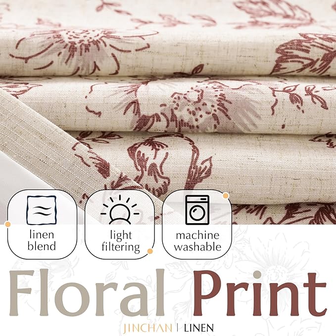 jinchan Lined Linen Blend Curtain Floral Curtains - Image 2