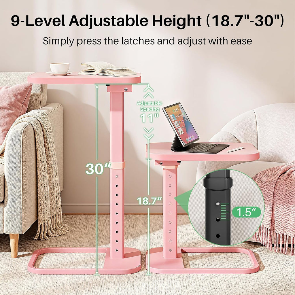 Kitstorack TV Tray Table, Adjustable Height & Rounded Metal Corners, Snack Table for Couch, Sofa, Bed, Chair, Living Room, C Shaped End Side Table for Eating, Dinner or Laptop, Small Spaces, Pink