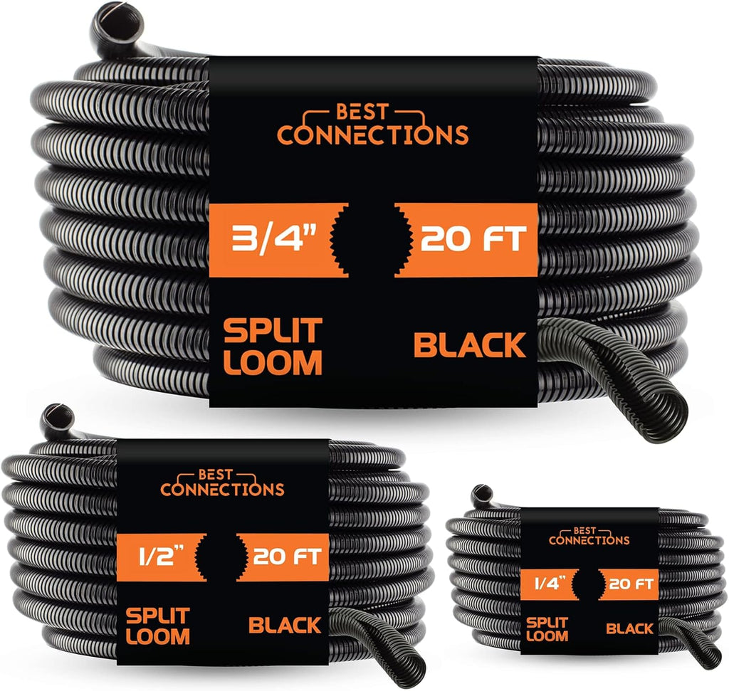 Split Wire Loom Flex-Guard Convoluted Tubing Protective Split Cable Sleeves for Auto Home Industrial Electrical Wires Chemical Resistant Conduit Black (1/4", 1/2", 3/4" - 20 ft)