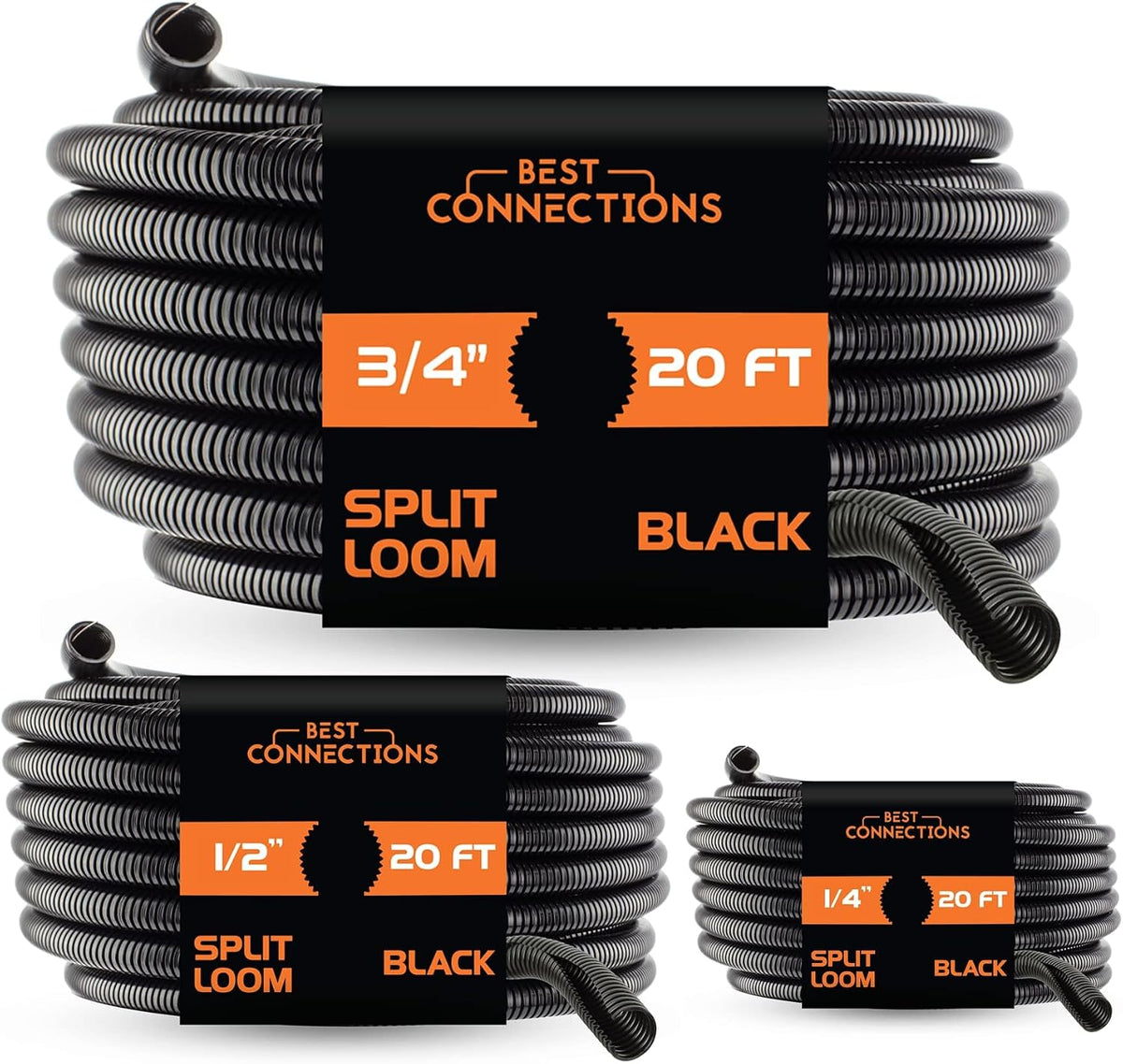 Split Wire Loom Flex-Guard Convoluted Tubing Protective Split Cable Sleeves for Auto Home Industrial Electrical Wires Chemical Resistant Conduit Black (1/4", 1/2", 3/4" - 20 ft)
