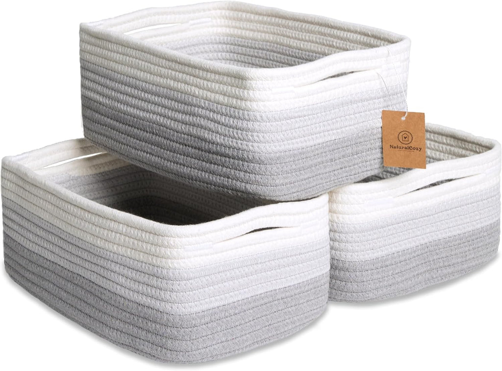 11.8"x8"x4.5” Rectangle Storage Baskets for Shelves 3 Pack | Cotton Rope Woven Small Baskets for Organizing | Small Storage Bins for Nursery, Bathroom, Closet, Shelf, Decorative, Gift