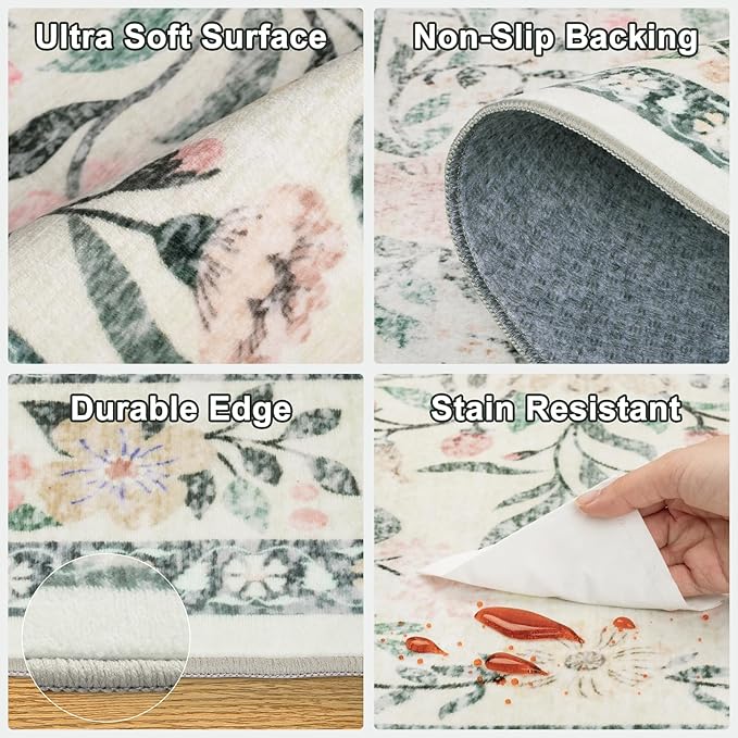 Area Rug Living Room Rugs: Floral 5x7 Washable Rug Vintage Soft Boho Non-Slip - Image 7