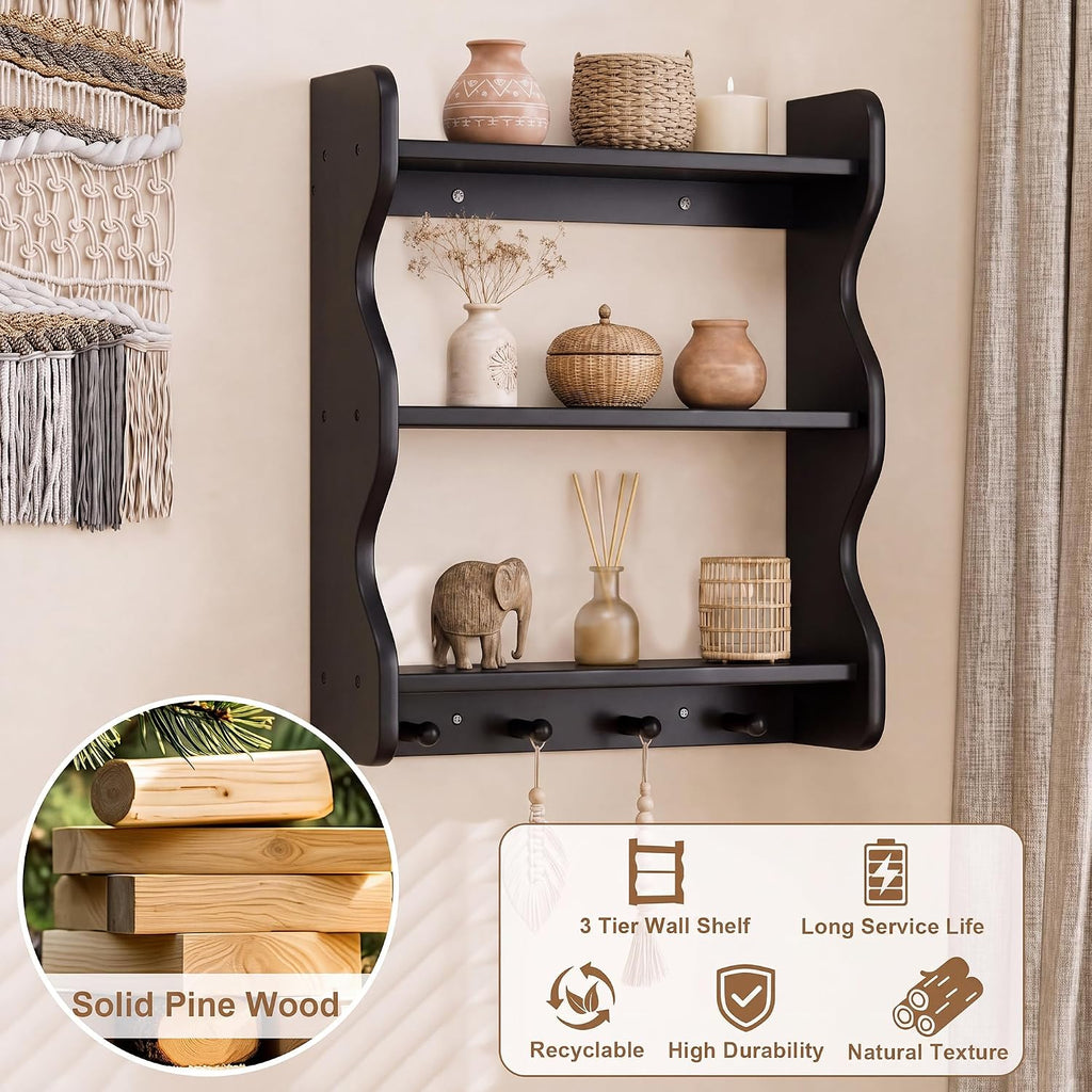 3 Tier Wooden Floating Wall Shelves with Hooks, Rustic Farmhouse Wall Mounted Storage Shelf, Decorative Curved Side Wall Organizer Display Rack for Bedroom, Bathroom, Living Room, Kitchen, Black