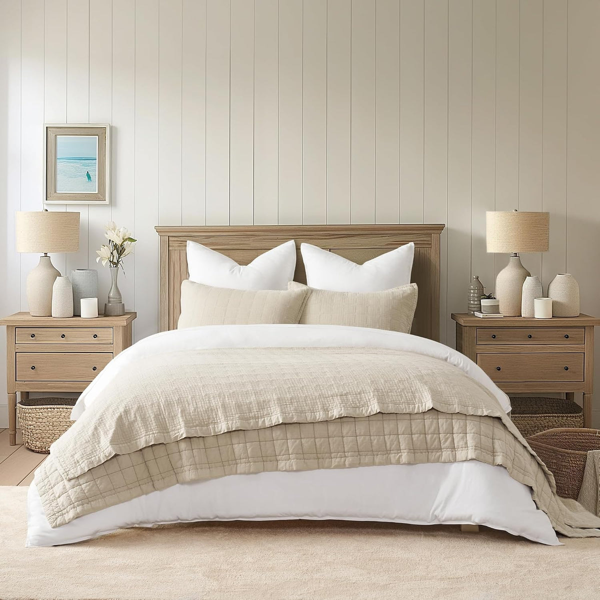 EVERGRACEHOME Stonewashed Cotton Quilt Set, King Size, Flax Beige