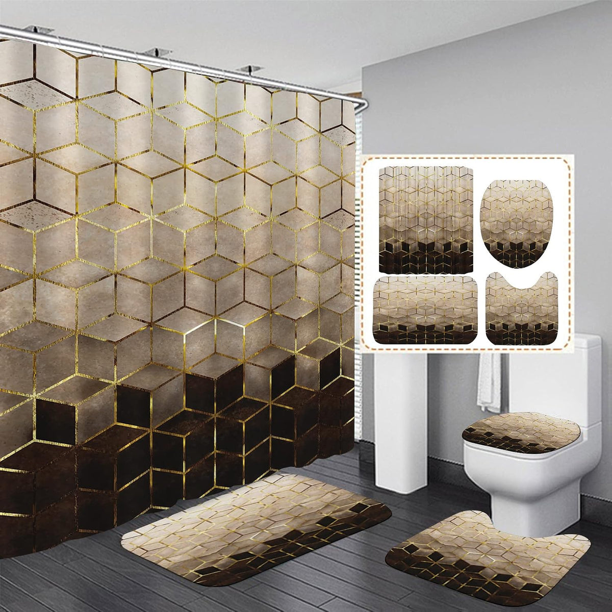 LQCOOL 4Pcs Shower Curtain Set,Green White Gold Floral Art Bathroom Decor