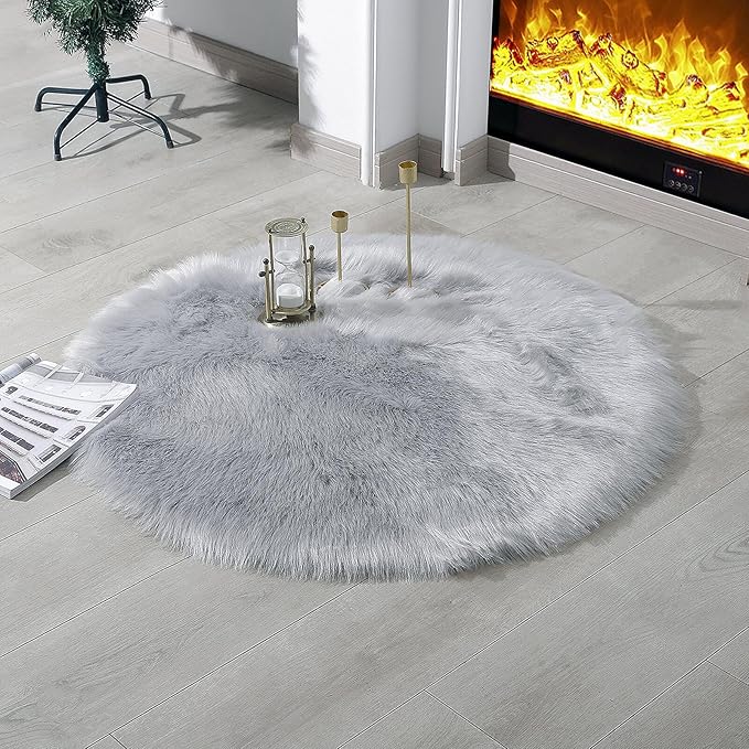 linmopm Faux Fur Rug Sheepskin Shag Fluffy Fuzzy Grey 3x3 ft Rugs by Limopmfauxfurproducts