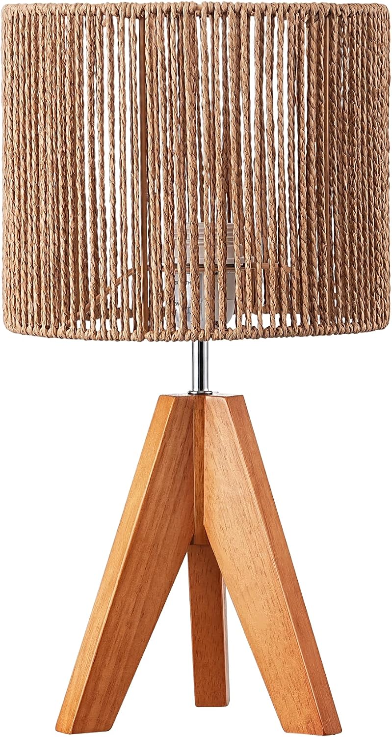 EDISHINE Small Rattan Table Lamp, Wood Tripod Bedside Lamp, 14.2", E26 Base