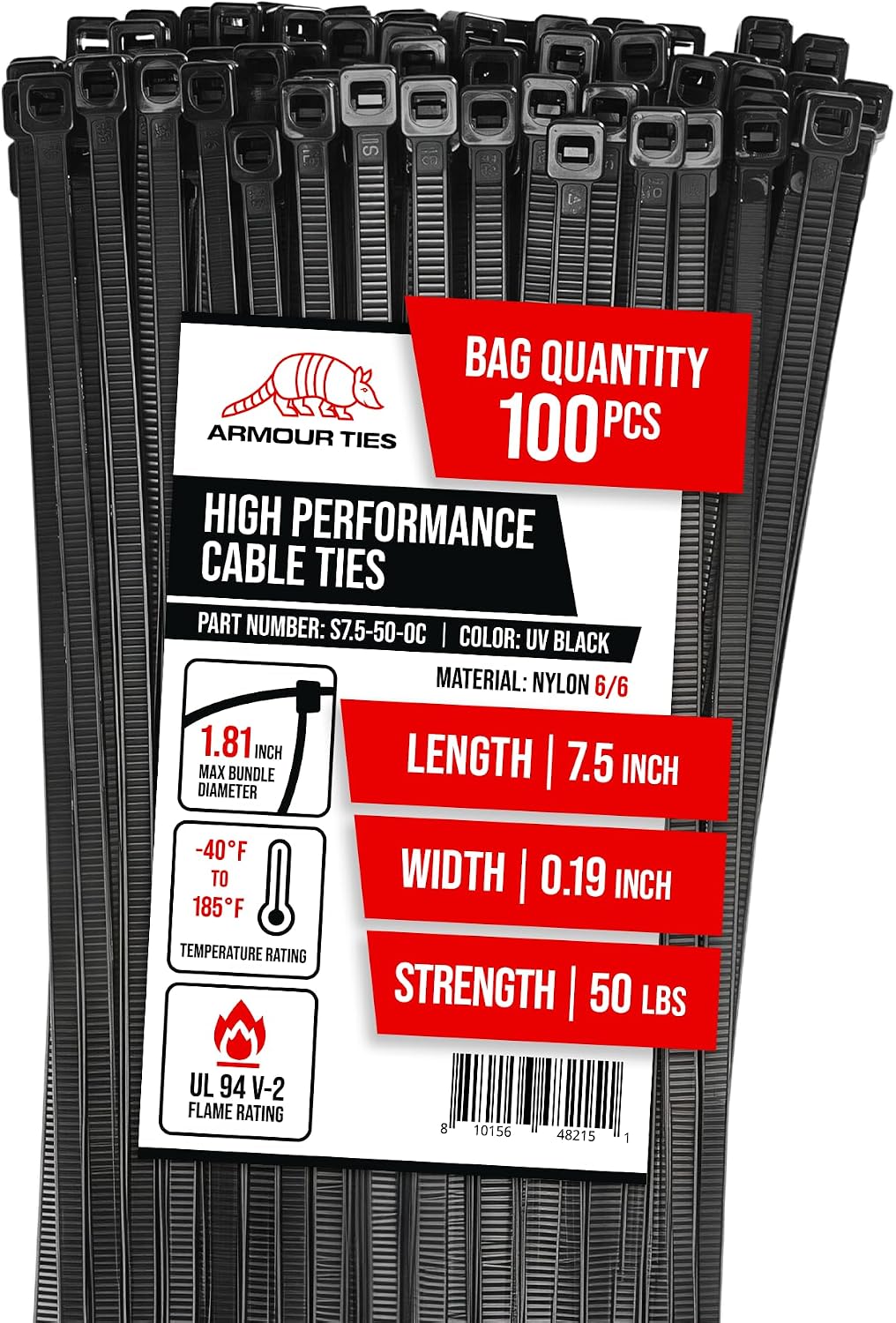 7.5 Inch Black Zip Ties, 50 lb Tensile Strength, 1000-Pack