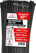 7.5 Inch Black Zip Ties, 50 lb Tensile Strength, 1000-Pack