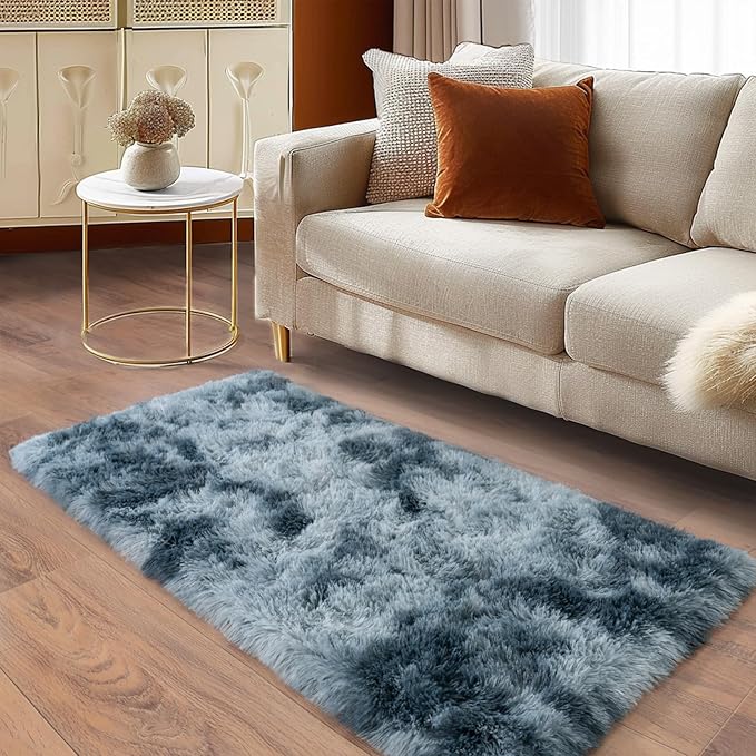 Soft Runner Rugs for Bedroom Hallways, 2x4 Tie-Dyed Blue Grey Fluffy Shag Throw - Image 4